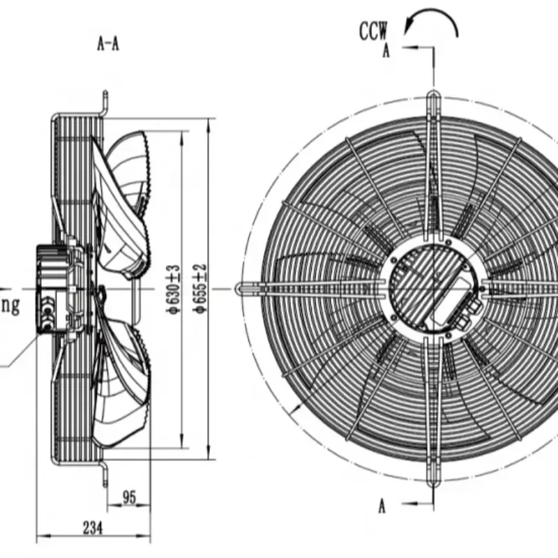 K-EC630-S380-12 655mm 400V 970W 1205rpm IP54 Refrigeration Axial Fan With Net