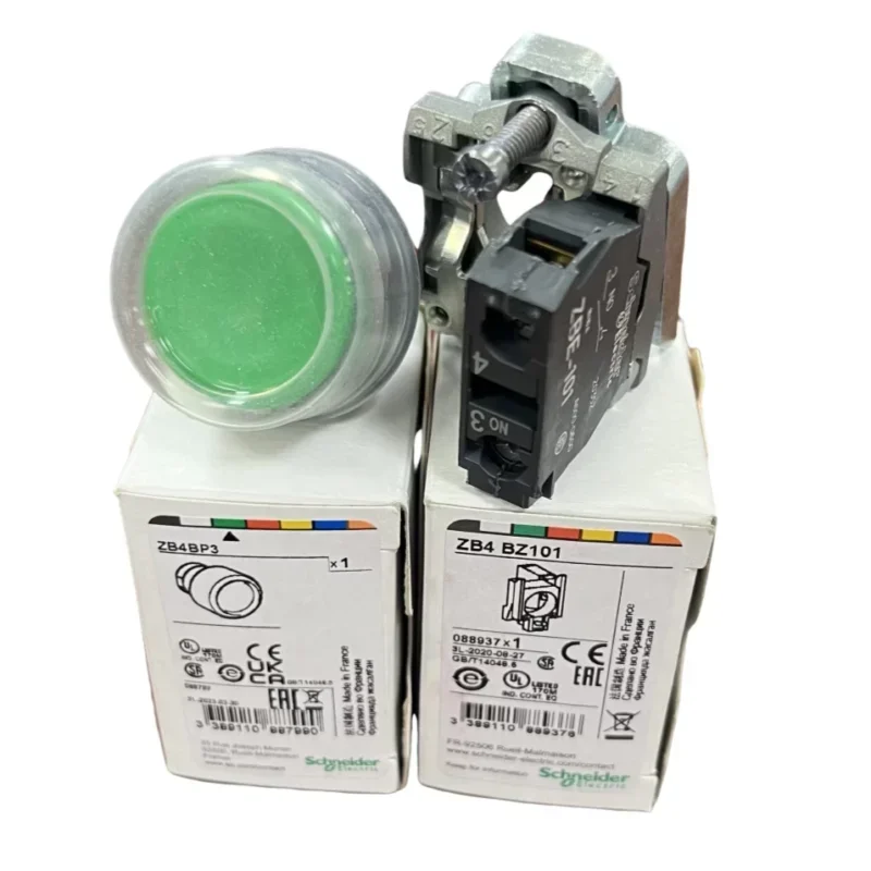 XB4BP31 Schneider Harmony 10A 12V Green Push Button Switches 22.5mm Spring Return Projecting Clear Boot IP67 Metal Switch 1NO
